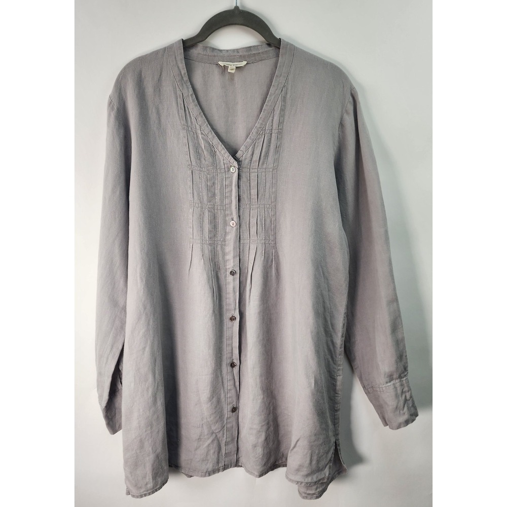 Eileen Fisher Top Women's L Beige Irish Linen Button Front Pintuck Pleat Tunic